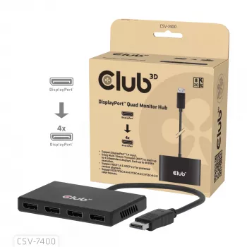 CLUB3D Quad DisplayPort™ -keskitin – 4 x 4K resoluutio @ 30Hz, MST-tuki