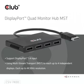 CLUB3D Quad DisplayPort™ -keskitin – 4 x 4K resoluutio @ 30Hz, MST-tuki