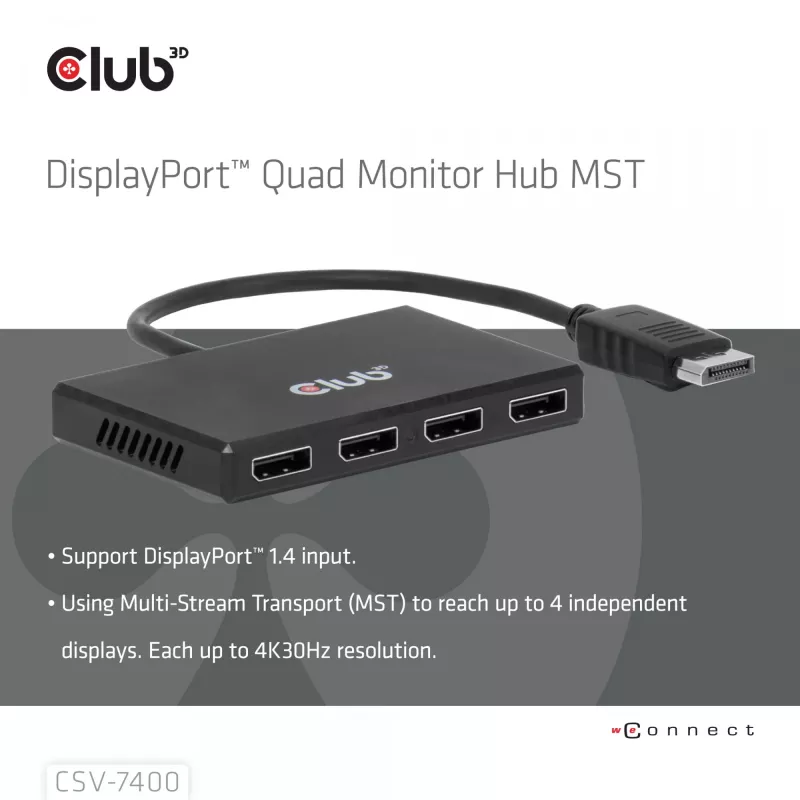 CLUB3D Quad DisplayPort™ -keskitin – 4 x 4K resoluutio @ 30Hz, MST-tuki