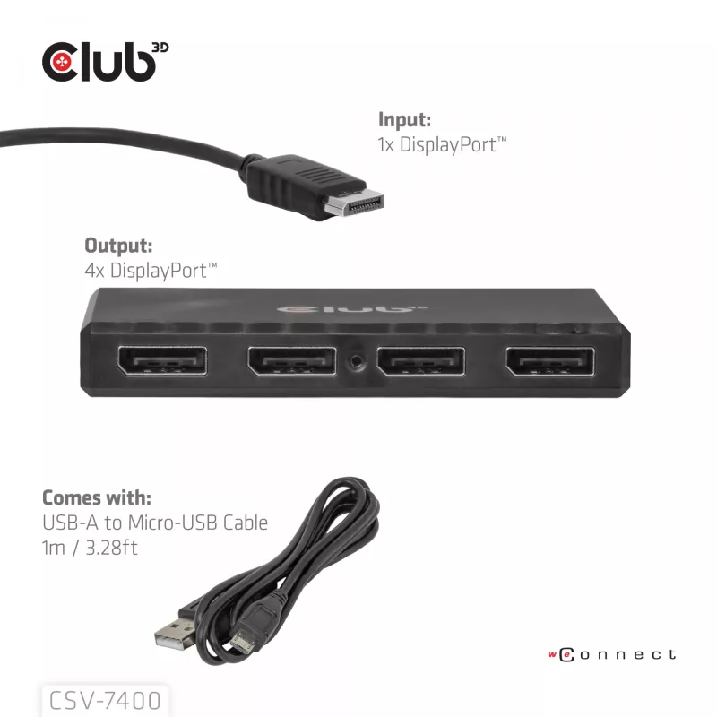 CLUB3D Quad DisplayPort™ -keskitin – 4 x 4K resoluutio @ 30Hz, MST-tuki