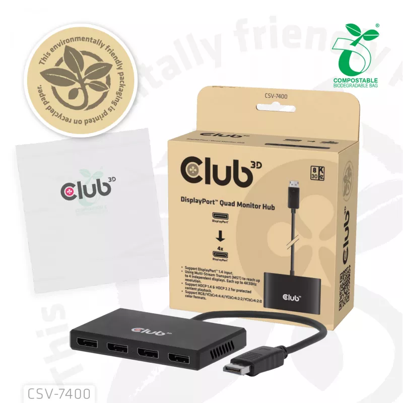 CLUB3D Quad DisplayPort™ -keskitin – 4 x 4K resoluutio @ 30Hz, MST-tuki