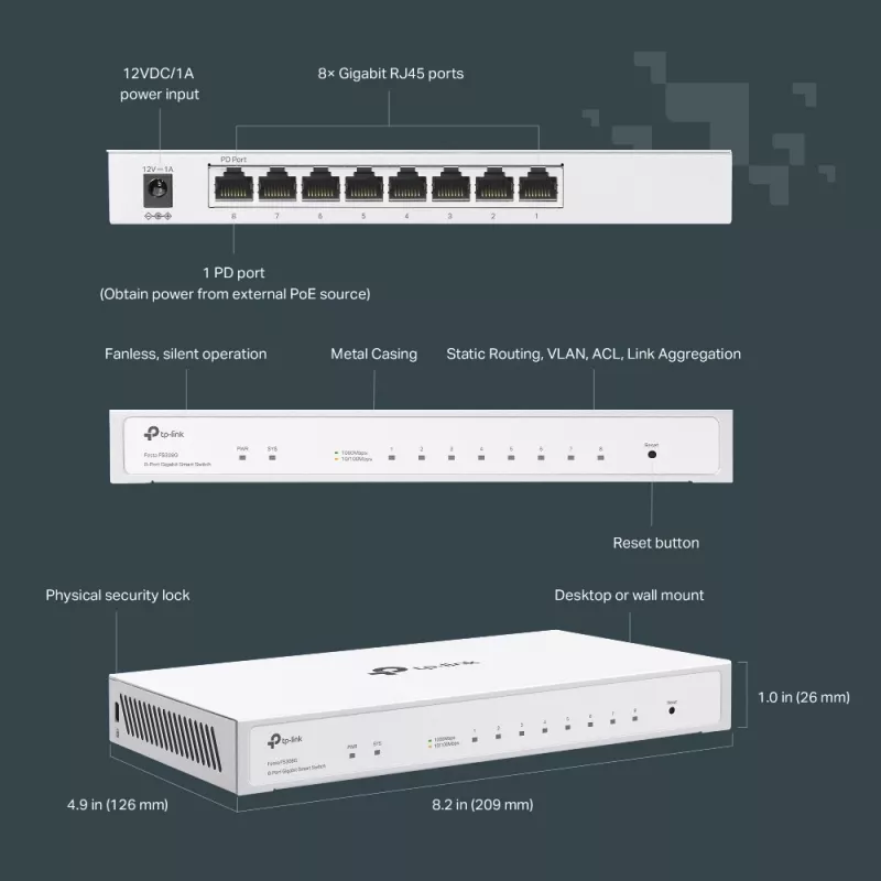 TP-Link Festa FS308G 8-porttinen Gigabit-hallittava L2/L2+-kytkin, valkoinen