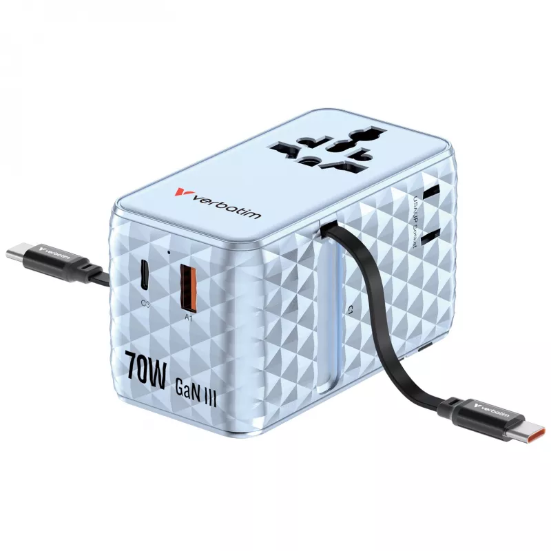 Verbatim Charge 'n' Travel 70W 2C sisäänvedettävä yleismatkasovitin sininen