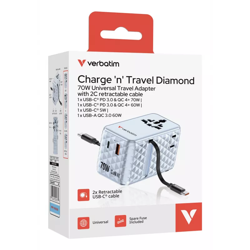 Verbatim Charge 'n' Travel 70W 2C sisäänvedettävä yleismatkasovitin sininen