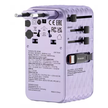 Verbatim Charge 'n' Travel 70W 2C sisäänvedettävä yleismatkasovitin violetti