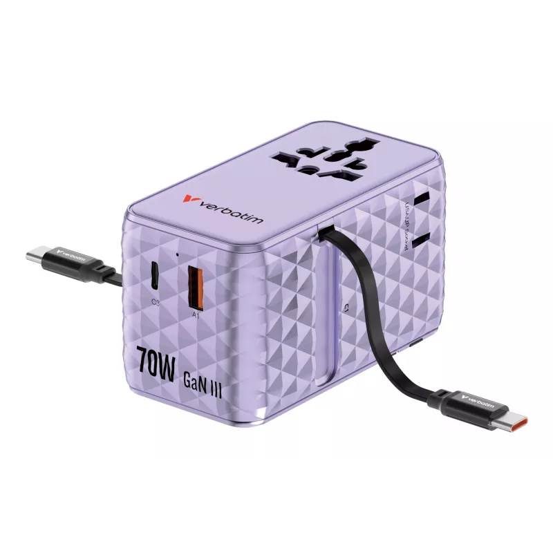Verbatim Charge 'n' Travel 70W 2C sisäänvedettävä yleismatkasovitin violetti