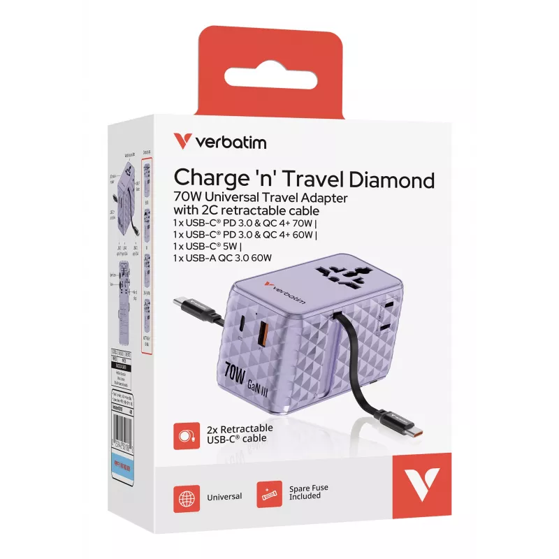 Verbatim Charge 'n' Travel 70W 2C sisäänvedettävä yleismatkasovitin violetti