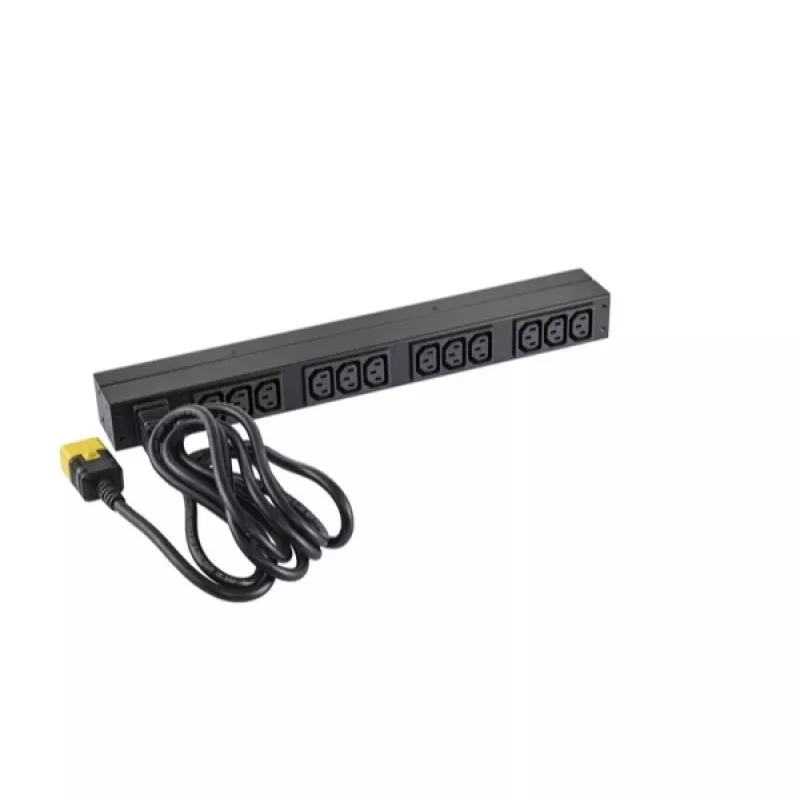 APC AP9565 Basic räkki-PDU-virranjakelulaite, 1U, yksivaiheinen, 16 A, 208/230 V, 3680 W, 12 C13-lähtöä, C20-tulo, 2,5 m johto, musta