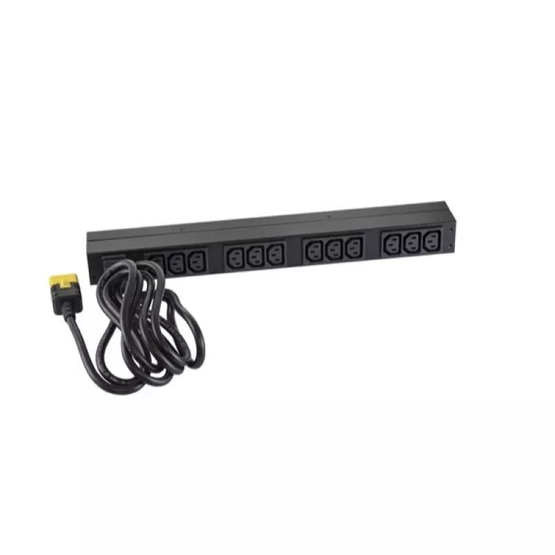APC AP9565 Basic räkki-PDU-virranjakelulaite, 1U, yksivaiheinen, 16 A, 208/230 V, 3680 W, 12 C13-lähtöä, C20-tulo, 2,5 m johto, musta
