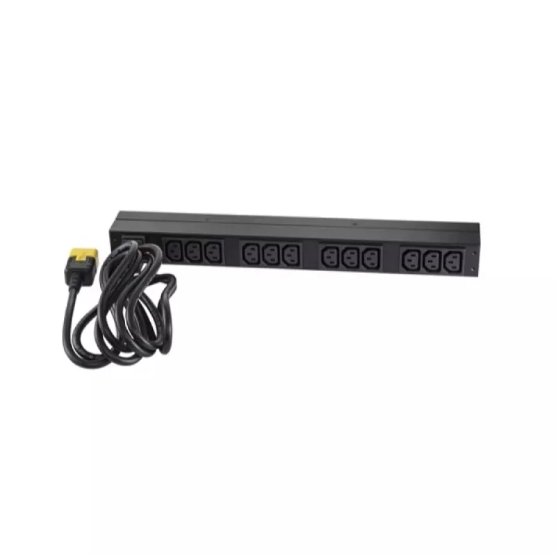 APC AP9565 Basic räkki-PDU-virranjakelulaite, 1U, yksivaiheinen, 16 A, 208/230 V, 3680 W, 12 C13-lähtöä, C20-tulo, 2,5 m johto, musta