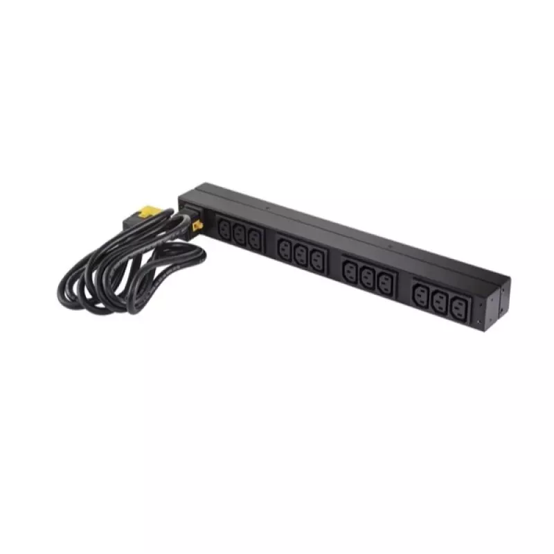 APC AP9565 Basic räkki-PDU-virranjakelulaite, 1U, yksivaiheinen, 16 A, 208/230 V, 3680 W, 12 C13-lähtöä, C20-tulo, 2,5 m johto, musta