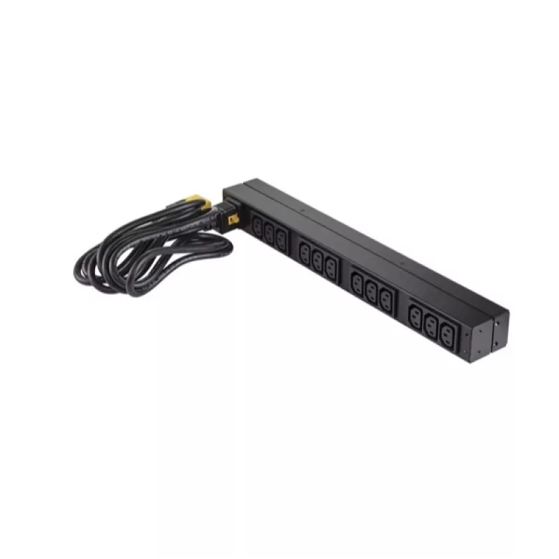 APC AP9565 Basic räkki-PDU-virranjakelulaite, 1U, yksivaiheinen, 16 A, 208/230 V, 3680 W, 12 C13-lähtöä, C20-tulo, 2,5 m johto, musta