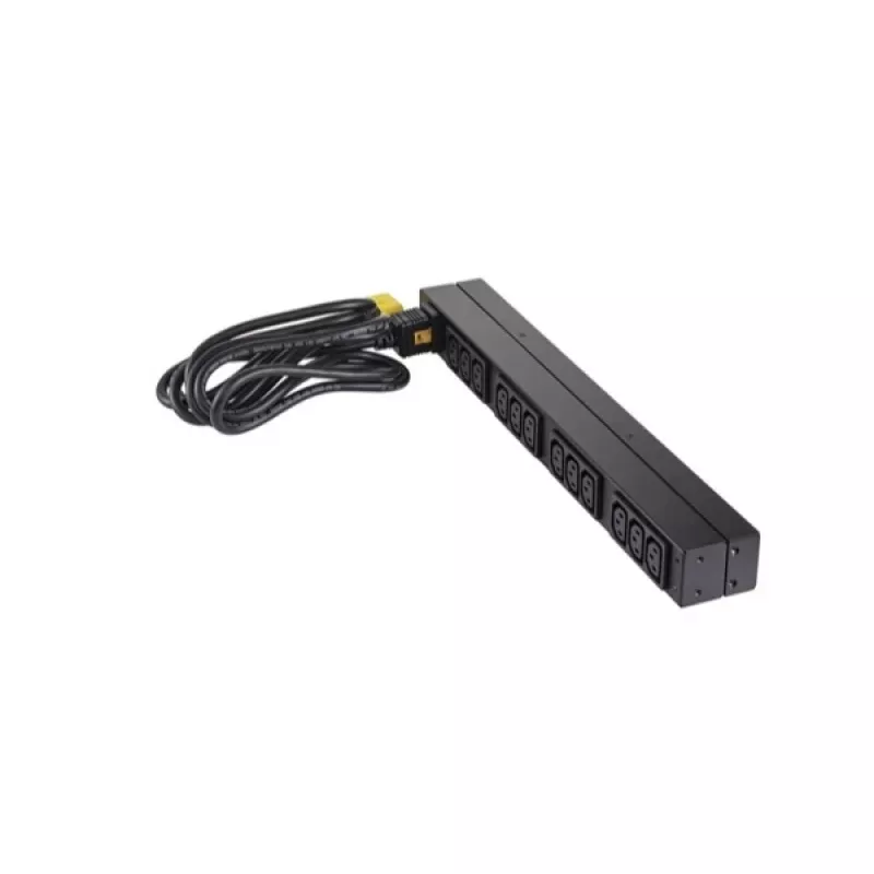 APC AP9565 Basic räkki-PDU-virranjakelulaite, 1U, yksivaiheinen, 16 A, 208/230 V, 3680 W, 12 C13-lähtöä, C20-tulo, 2,5 m johto, musta