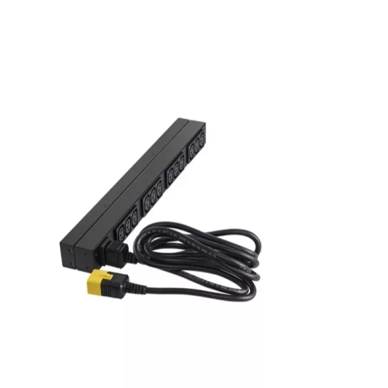 APC AP9565 Basic räkki-PDU-virranjakelulaite, 1U, yksivaiheinen, 16 A, 208/230 V, 3680 W, 12 C13-lähtöä, C20-tulo, 2,5 m johto, musta