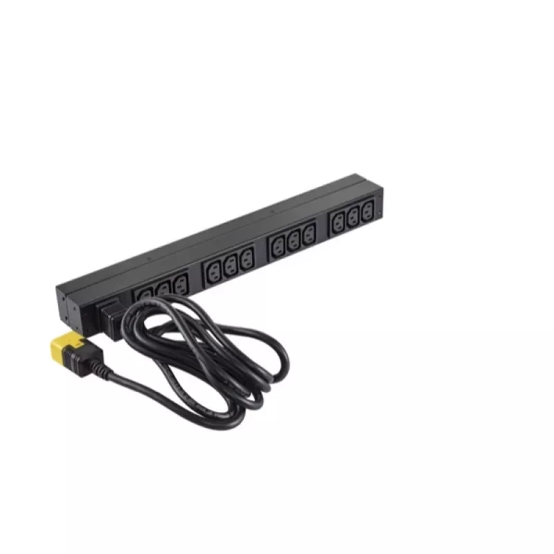 APC AP9565 Basic räkki-PDU-virranjakelulaite, 1U, yksivaiheinen, 16 A, 208/230 V, 3680 W, 12 C13-lähtöä, C20-tulo, 2,5 m johto, musta