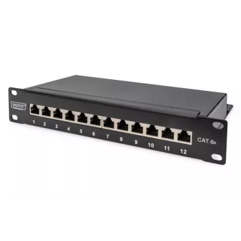 DIGITUS CAT6A patch-paneeli, suojattu, 12-porttinen merkintäkenttä, 1U, 10 tuuman rack-asennus, musta RAL 9005