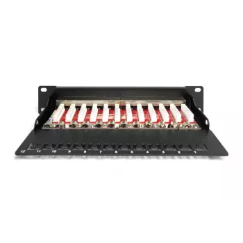 DIGITUS CAT6A patch-paneeli, suojattu, 12-porttinen merkintäkenttä, 1U, 10 tuuman rack-asennus, musta RAL 9005