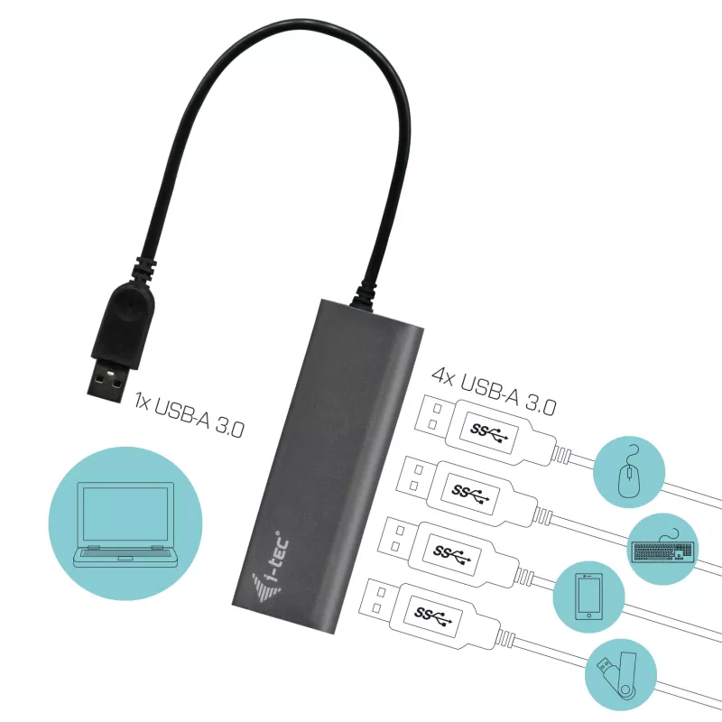 USB-keskitin i-tec Metal Superspeed USB 3.0 4-porttinen keskitin 5000 Mbit/s harmaa
