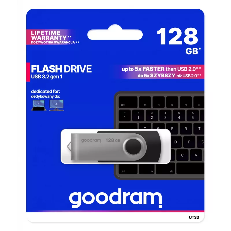 USB-muistitikku GOODRAM UTS3 128 GB USB Type-A 3.2 Gen 1, musta, 60 MB/s luku, 20 MB/s kirjoitus