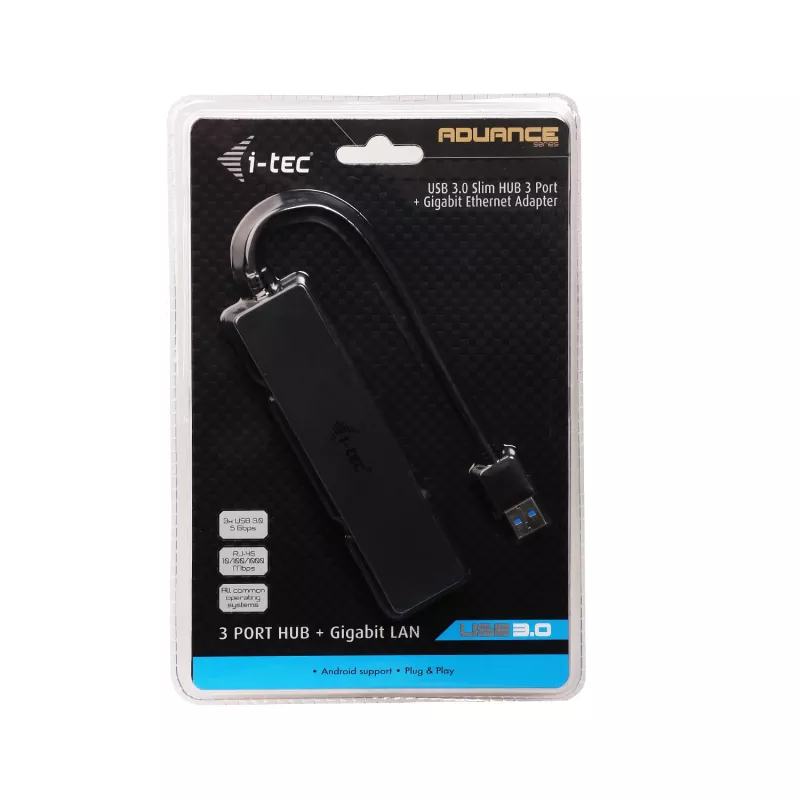 i-tec Advance USB 3.0 ohut HUB 3 porttia Gigabit Ethernet -adapteri musta