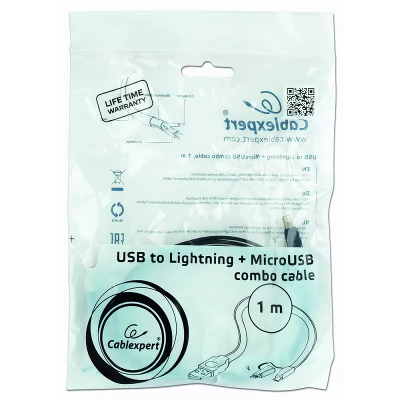 GEMBIRD USB - Apple Lightning ja Micro-USB latausyhdistelmäkaapeli 1 m - musta