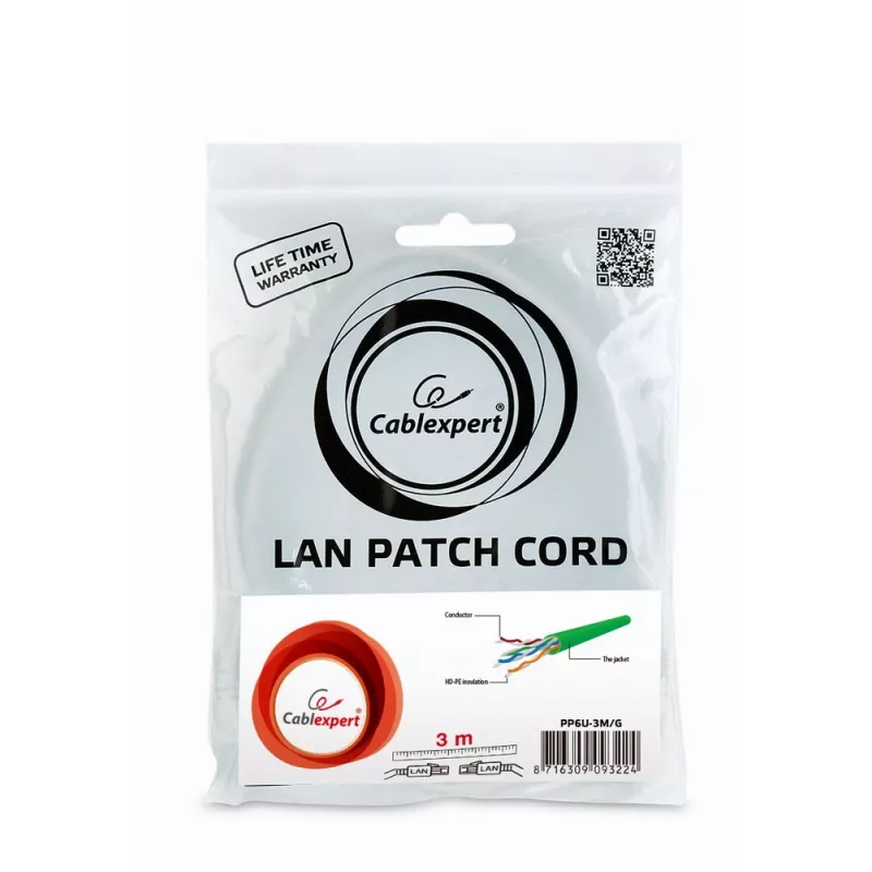 Verkkokaapeli Gembird PP6U-3M RJ-45 Cat6 3 m, vihreä