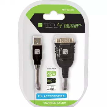 USB-sarjaporttisovitin Techly IDATA USB-SER-2T, USB-A uros DB-9 uros, 0,45 m, läpinäkyvän valkoinen