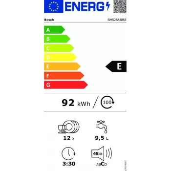 Vapaasti seisova astianpesukone Bosch SMS25AI05E — täysintegroitava 60 cm, 12 astiayksikköä, 48 dB, energialuokka E