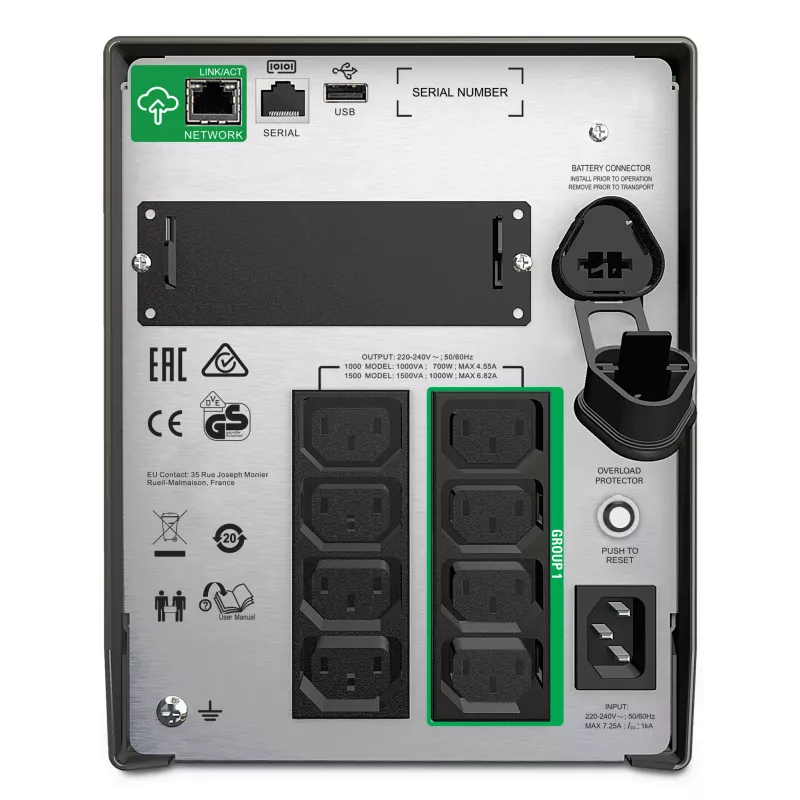 APC Smart-UPS SMT1500IC - 8x C13, USB, SmartConnect, 1500VA, Line-Interactive, 1,5 kVA, 1000 W, sini, 151 V, 302 V