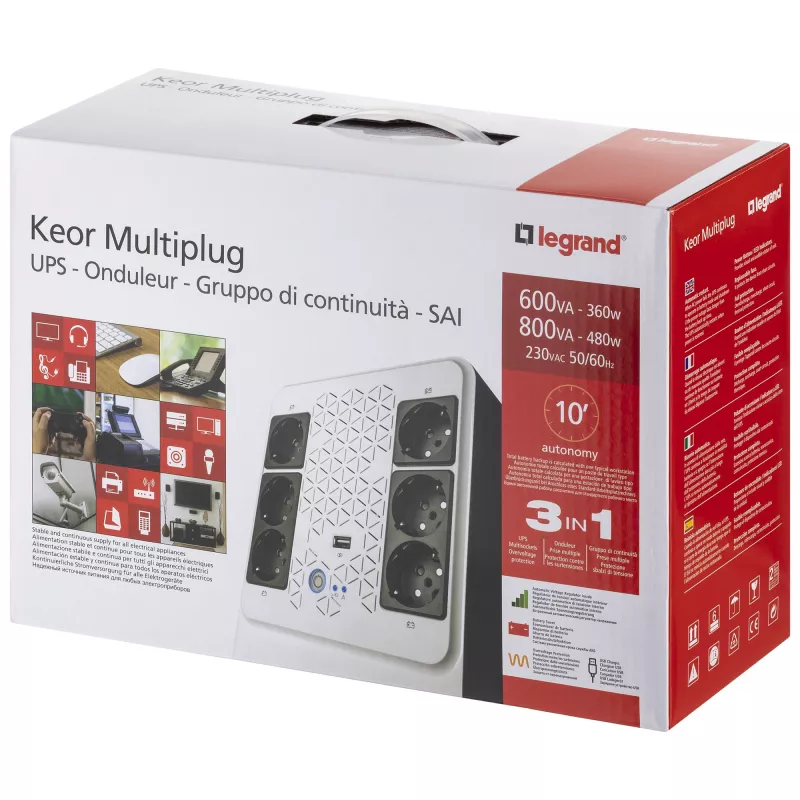 Legrand Keor Multiplug 800 AVR 310084 line-interactive-UPS-laite, 800 VA / 480 W, 6 FR-pistorasiaa (4+2), USB, RJ-45