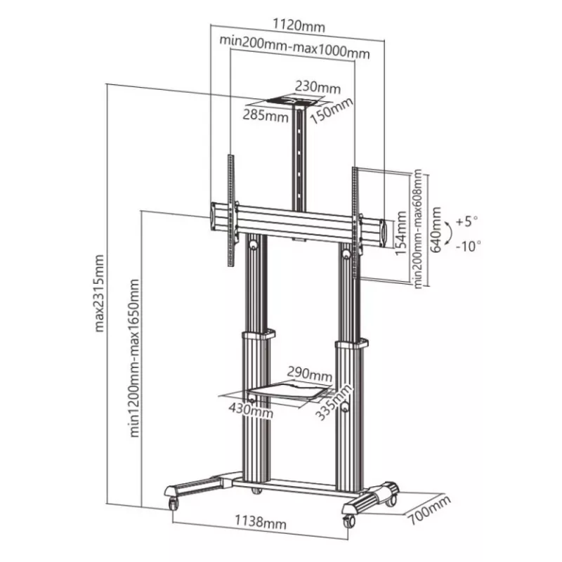 Techly ICA-TR24 liikuteltava TV-teline, 60–100 tuumaa, 100 kg, hyllyillä