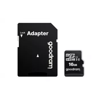 MicroSDHC-muistikortti GOODRAM 16 GB Class 10 UHS-I (U1), luku 100 MB/s, kirjoitus 10 MB/s, magneettisuojattu, SD-adapterilla