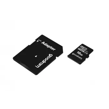 MicroSDHC-muistikortti GOODRAM 16 GB Class 10 UHS-I (U1), luku 100 MB/s, kirjoitus 10 MB/s, magneettisuojattu, SD-adapterilla
