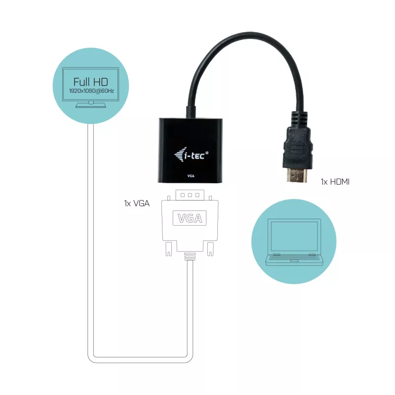 i-tec HDMI–VGA-kaapeliadapteri, 0,15 m, HDMI, VGA, uros, naaras, 1920 × 1080 pikseliä