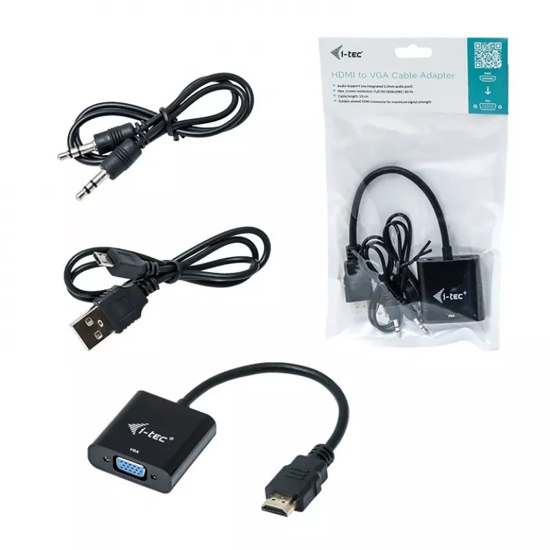 i-tec HDMI–VGA-kaapeliadapteri, 0,15 m, HDMI, VGA, uros, naaras, 1920 × 1080 pikseliä