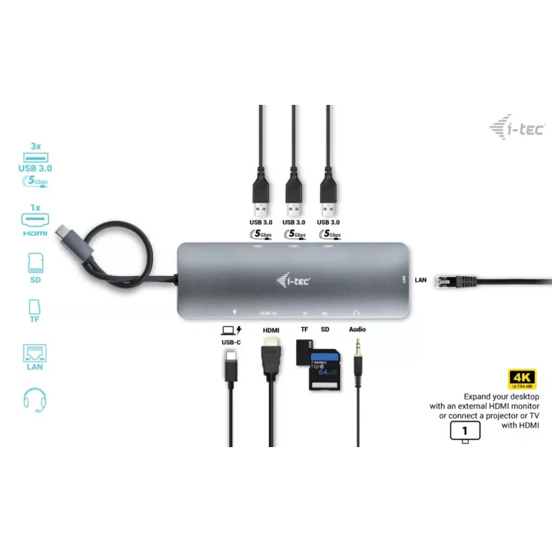 Telakointiasema i-tec Metal USB-C Nano -telakka 4K HDMI LAN Power Delivery 100 W