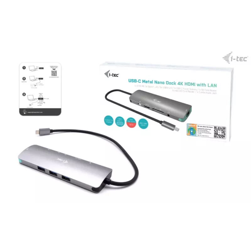 Telakointiasema i-tec Metal USB-C Nano -telakka 4K HDMI LAN Power Delivery 100 W