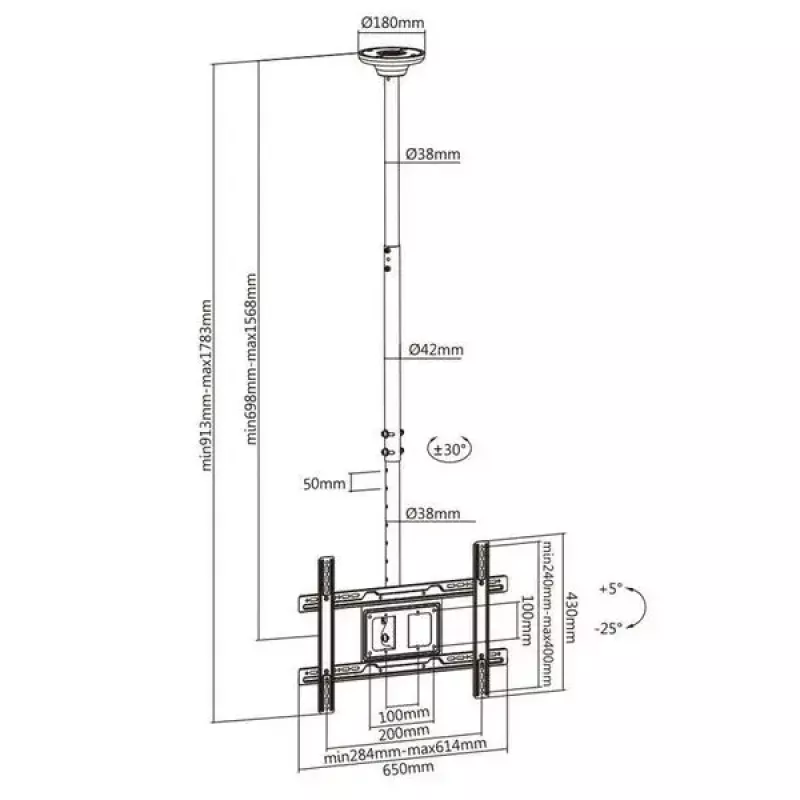 MACLEAN MC-803 kattoteline LED/LCD-näytöille 23–100 tuumaa enintään 50 kg VESA 600×400