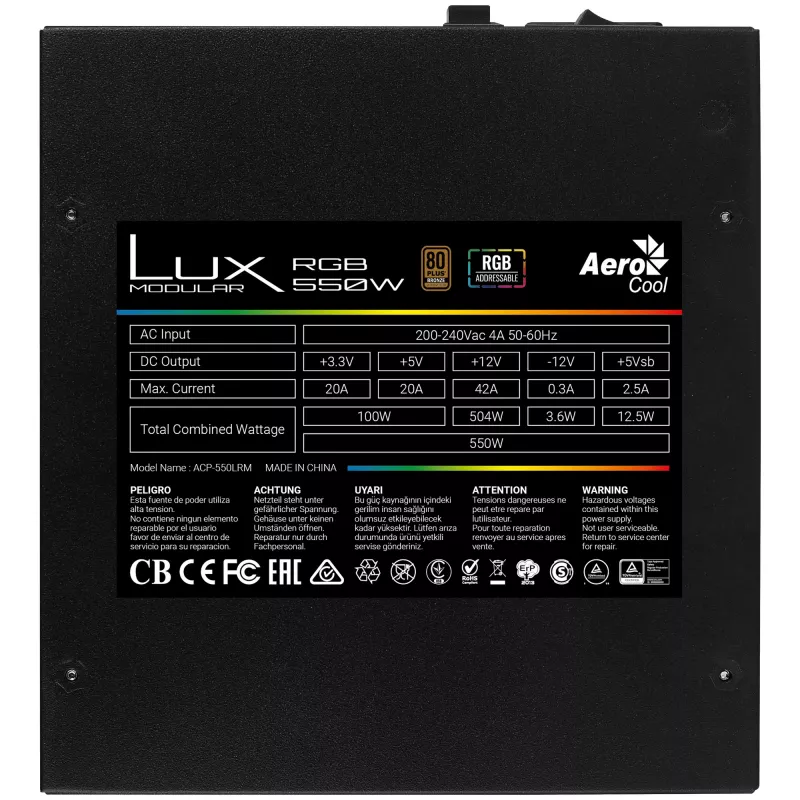 Aerocool LUXRGB550M RGB modulaarinen PC-virtalähde 550W 80Plus Bronze 230V musta