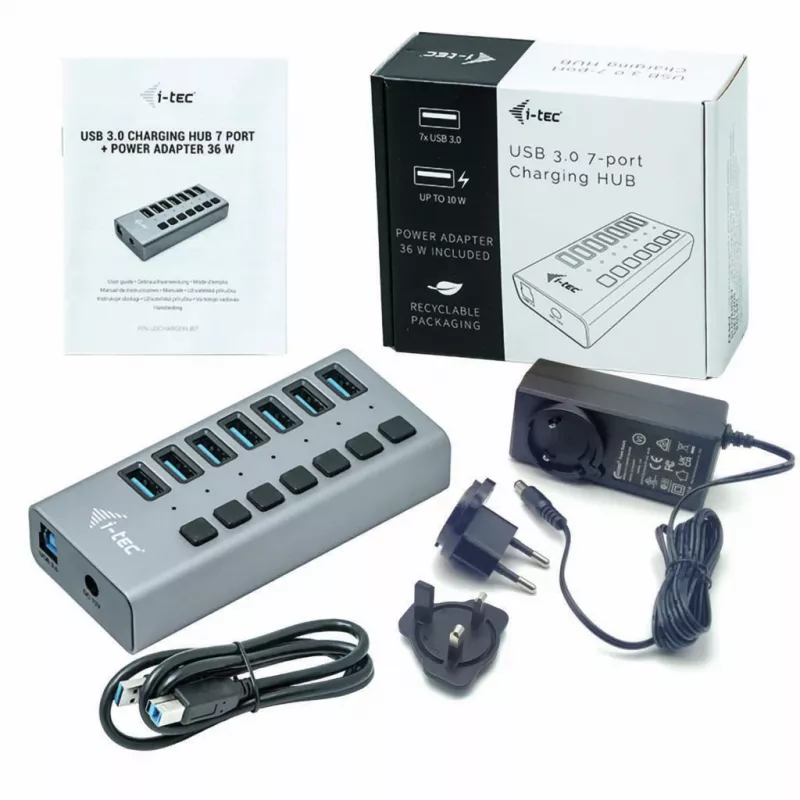 i-tec USB 3.0 -latauskeskitin 7 porttia + virtalähde 36 W