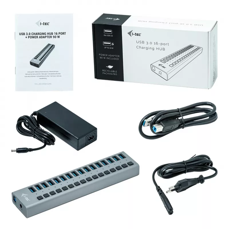 i-tec USB 3.0 -latauskeskitin 16 porttia + virtalähde 90 W