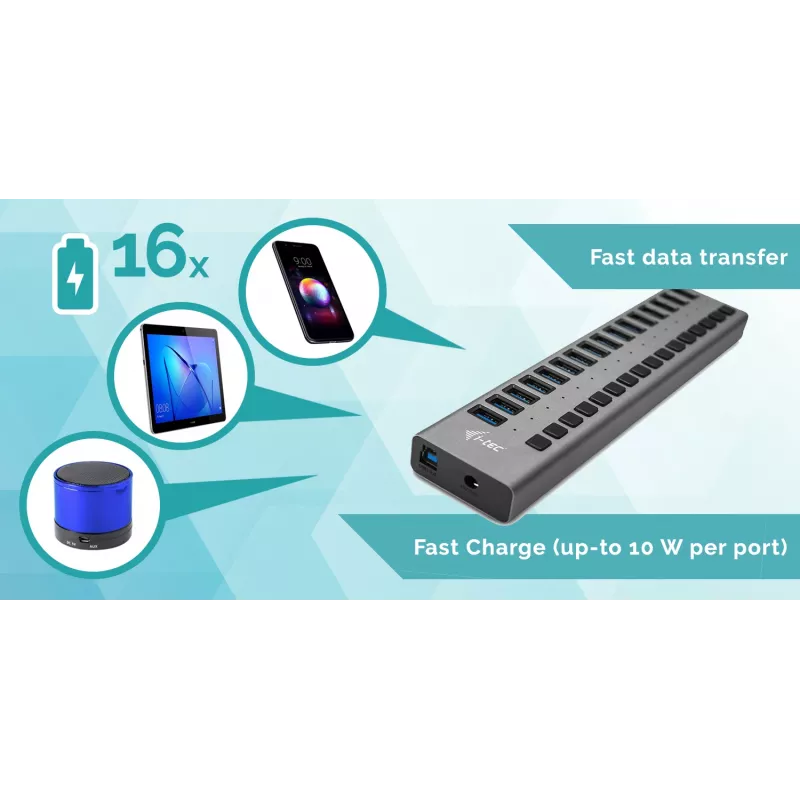 i-tec USB 3.0 -latauskeskitin 16 porttia + virtalähde 90 W