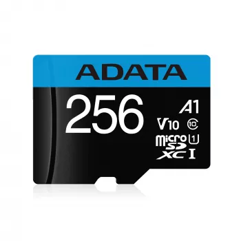 MicroSDXC-muistikortti ADATA 256 GB UHS‑I Class 10 V10 (luku 100 MB/s, kirjoitus 25 MB/s) SD-adapterilla