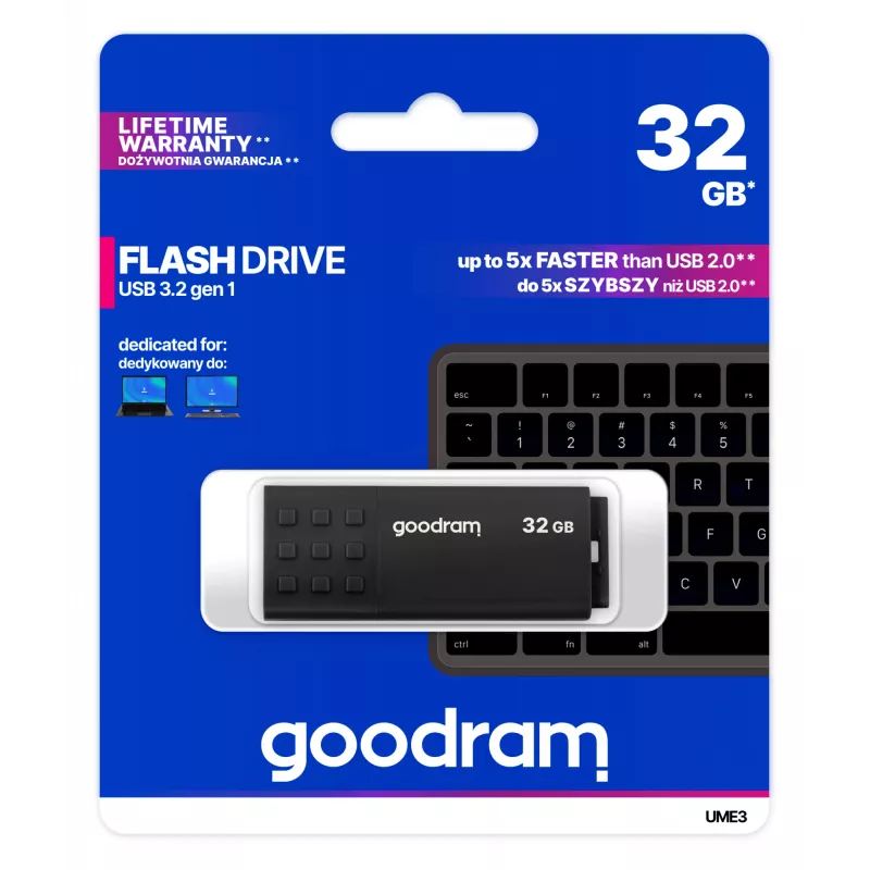 USB-muistitikku GOODRAM UME3 32 GB, USB Type-A 3.2 Gen 1, musta, 51×21×9,6 mm