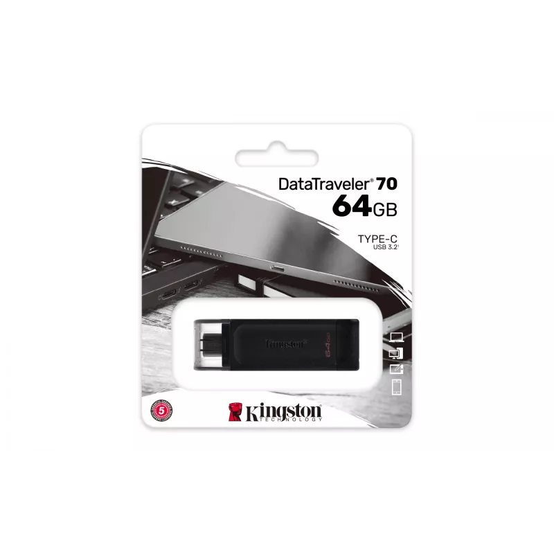 Kingston Technology DataTraveler 64GB USB-C 3.2 Gen 1 70, 64 GB, USB Type-C, 3.2 Gen 1 (3.1 Gen 1), Cap, 7 g, musta