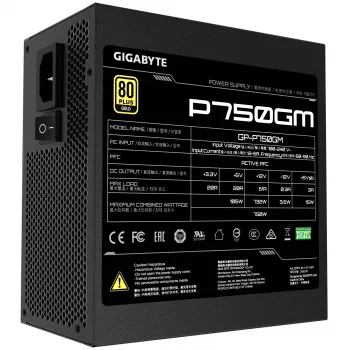Gigabyte P750GM virtalähde 750 wattia hyötysuhde 80 PLUS GOLD, PFC Active, MTBF 100 000 tuntia