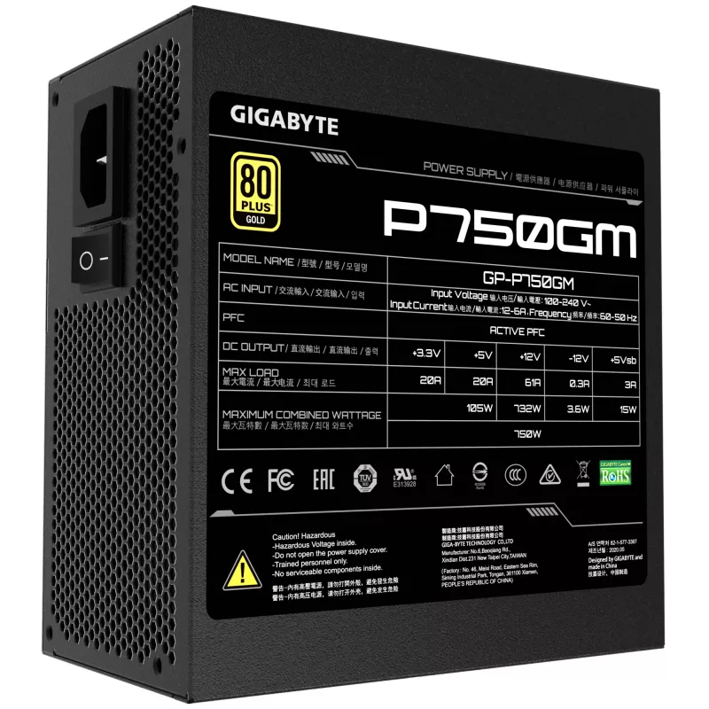 Gigabyte P750GM virtalähde 750 wattia hyötysuhde 80 PLUS GOLD, PFC Active, MTBF 100 000 tuntia