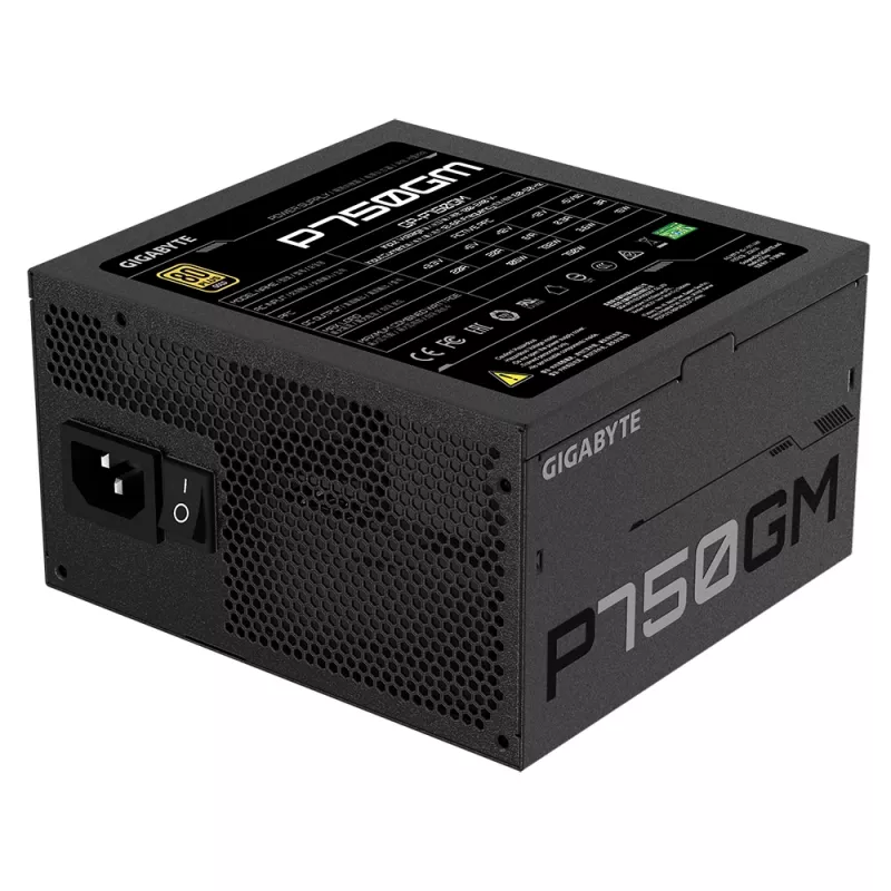 Gigabyte P750GM virtalähde 750 wattia hyötysuhde 80 PLUS GOLD, PFC Active, MTBF 100 000 tuntia