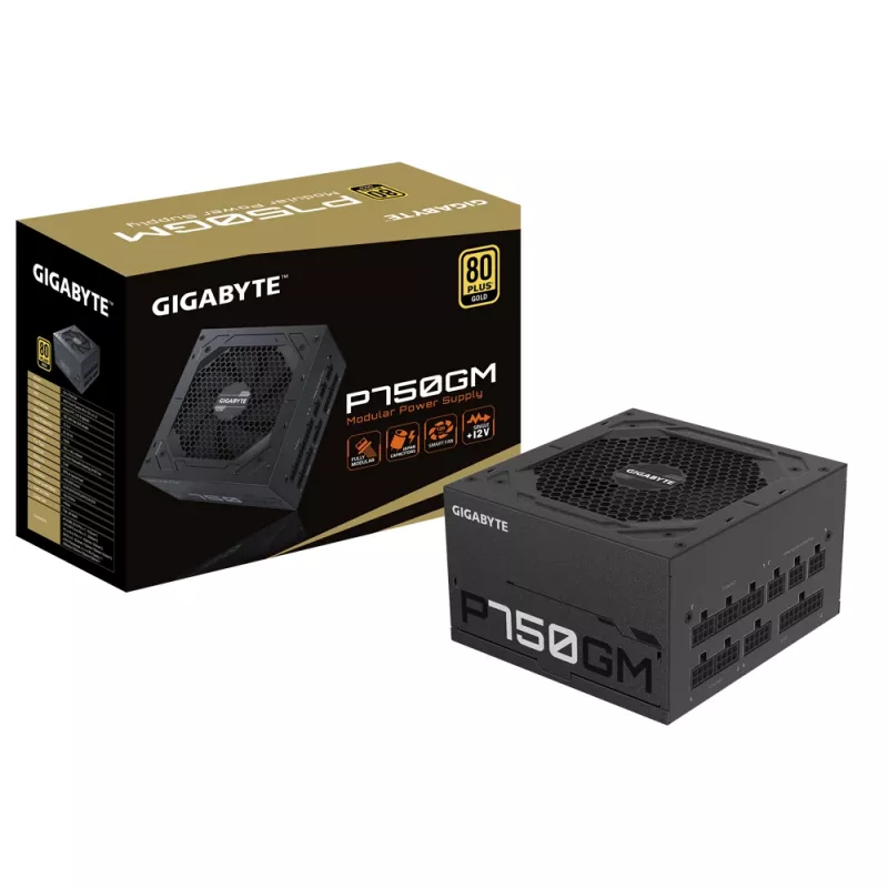Gigabyte P750GM virtalähde 750 wattia hyötysuhde 80 PLUS GOLD, PFC Active, MTBF 100 000 tuntia