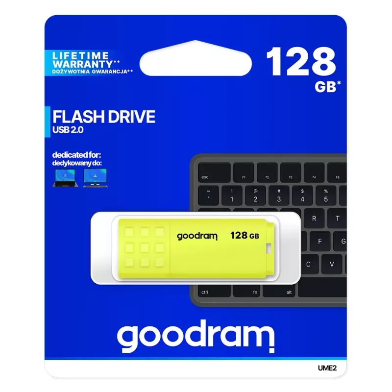 Goodram UME2 UME2-1280Y0R11 USB-muistitikku 128 GB, USB 2.0 Type-A, 20 MB/s, suojakorkilla, keltainen
